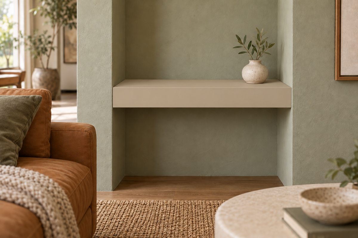 18-inch long, 3-inch thick Universal Khaki SW 6150 painted floating shelf, wall-to-wall mount, unlit