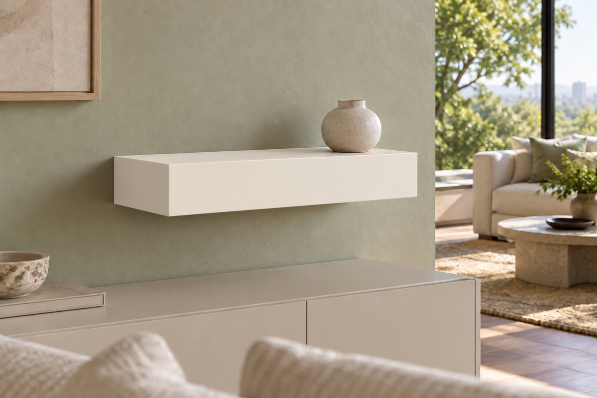 18 × 10 × 4 inch Alabaster SW 7008 painted floating shelf, standard mount, unlit