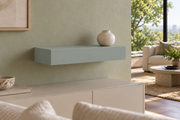 18-inch long, 4-inch thick Halcyon Green SW 6213 painted floating shelf, standard mount, unlit