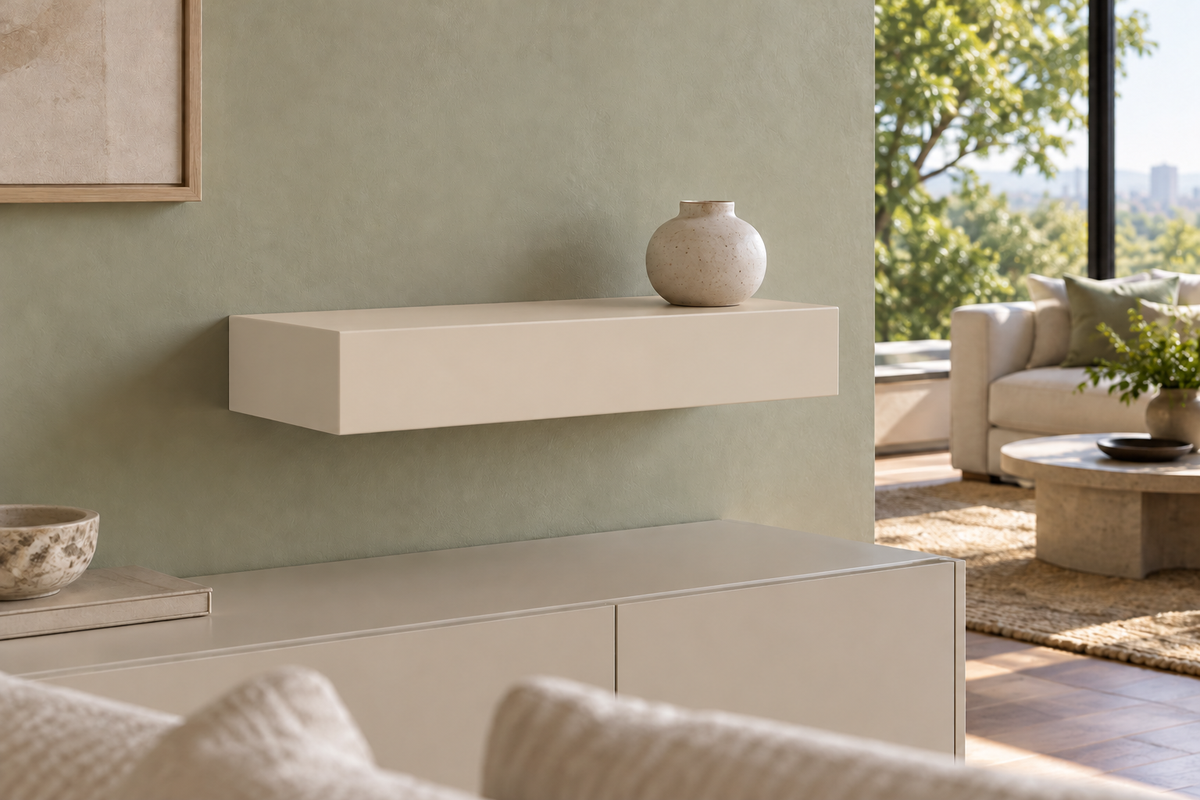 18 × 10 × 4 inch Natural Linen SW 9109 painted floating shelf, standard mount, unlit