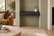18-inch long, 4-inch thick Tricorn Black SW 6258 painted floating shelf, wall-to-wall mount, unlit