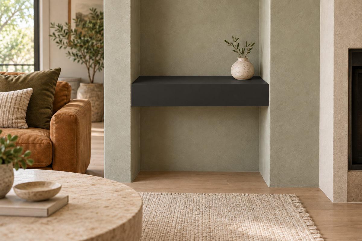18-inch long, 4-inch thick Tricorn Black SW 6258 painted floating shelf, wall-to-wall mount, unlit