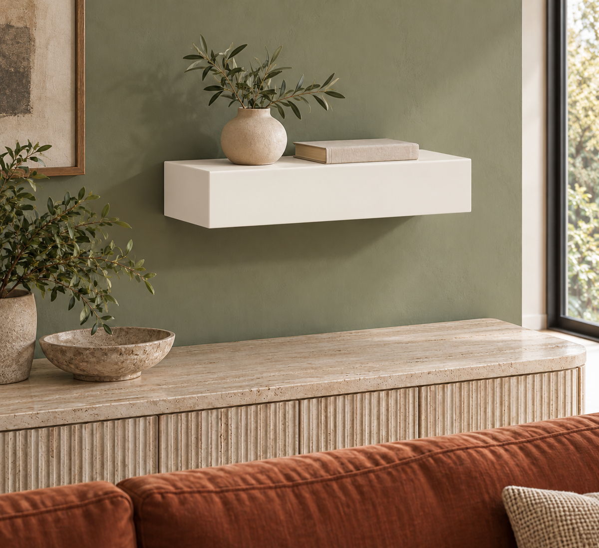 18 × 8 × 3 inch Alabaster SW 7008 painted floating shelf, standard mount, unlit