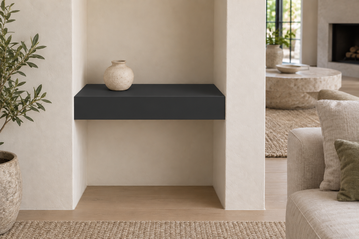 18 × 8 × 3 inch Tricorn Black SW 6258 painted floating shelf, wall-to-wall mount, unlit