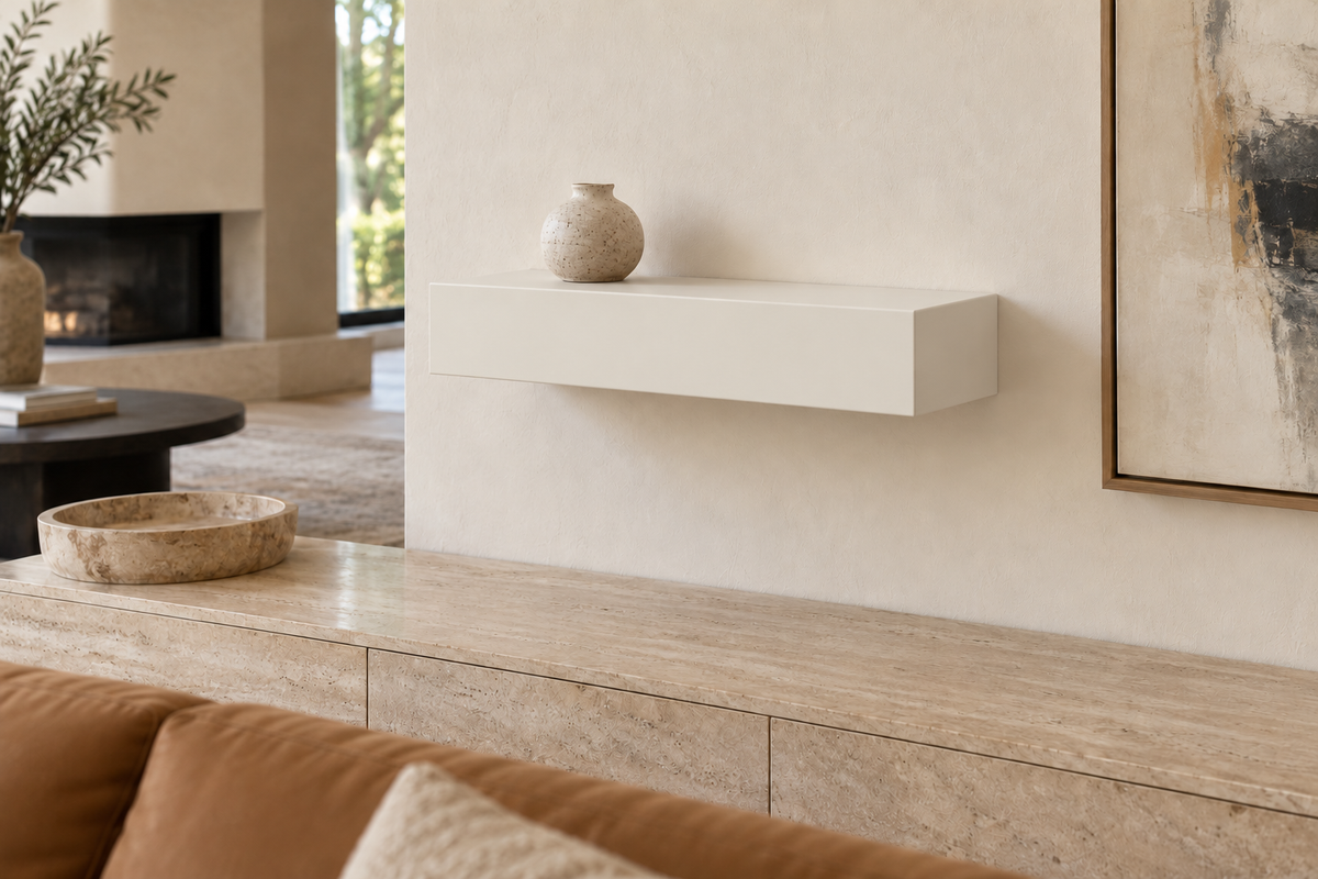 18 × 8 × 4 inch Alabaster SW 7008 painted floating shelf, standard mount, unlit