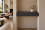 18 × 8 × 4 inch Tricorn Black SW 6258 painted floating shelf, wall-to-wall mount, unlit