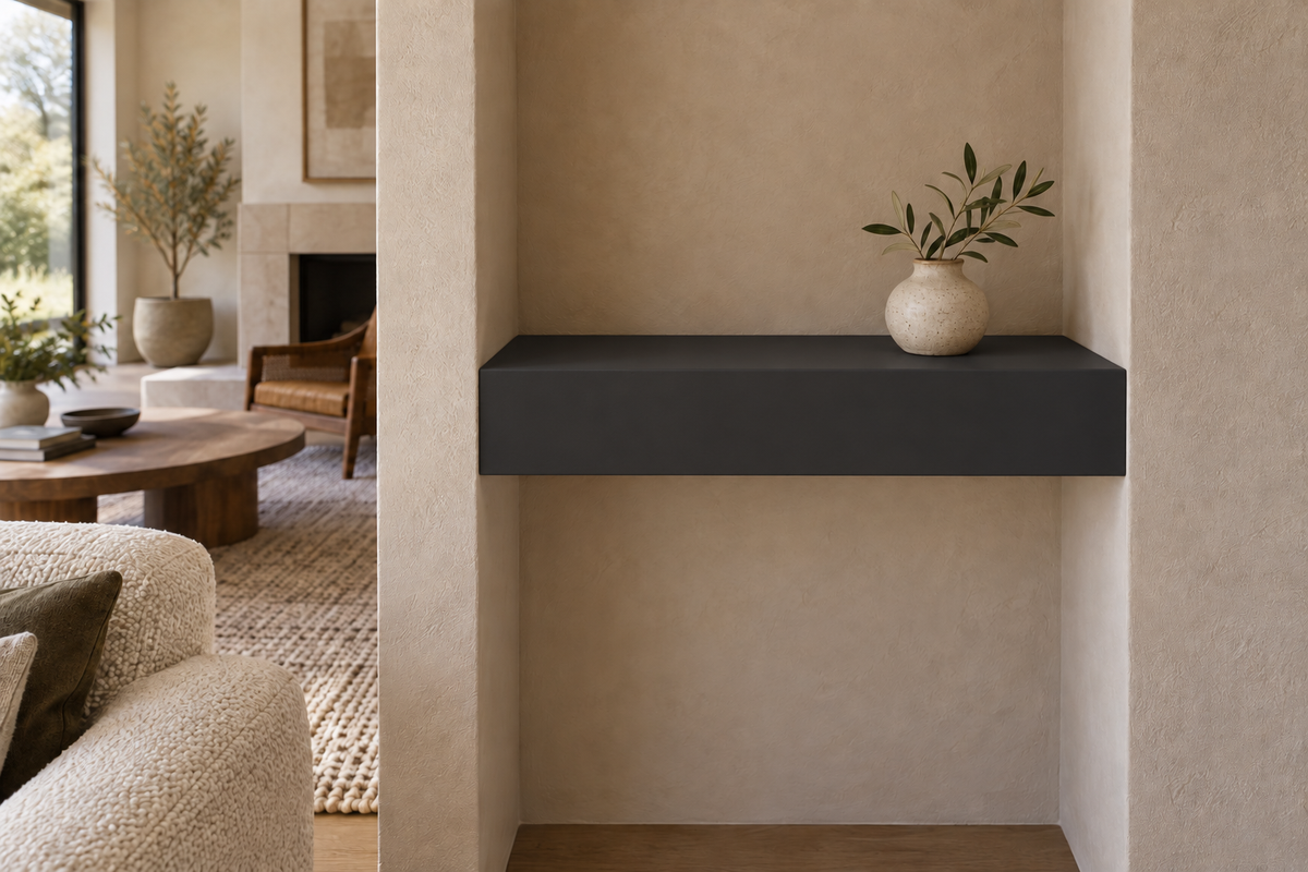 18 × 8 × 4 inch Tricorn Black SW 6258 painted floating shelf, wall-to-wall mount, unlit