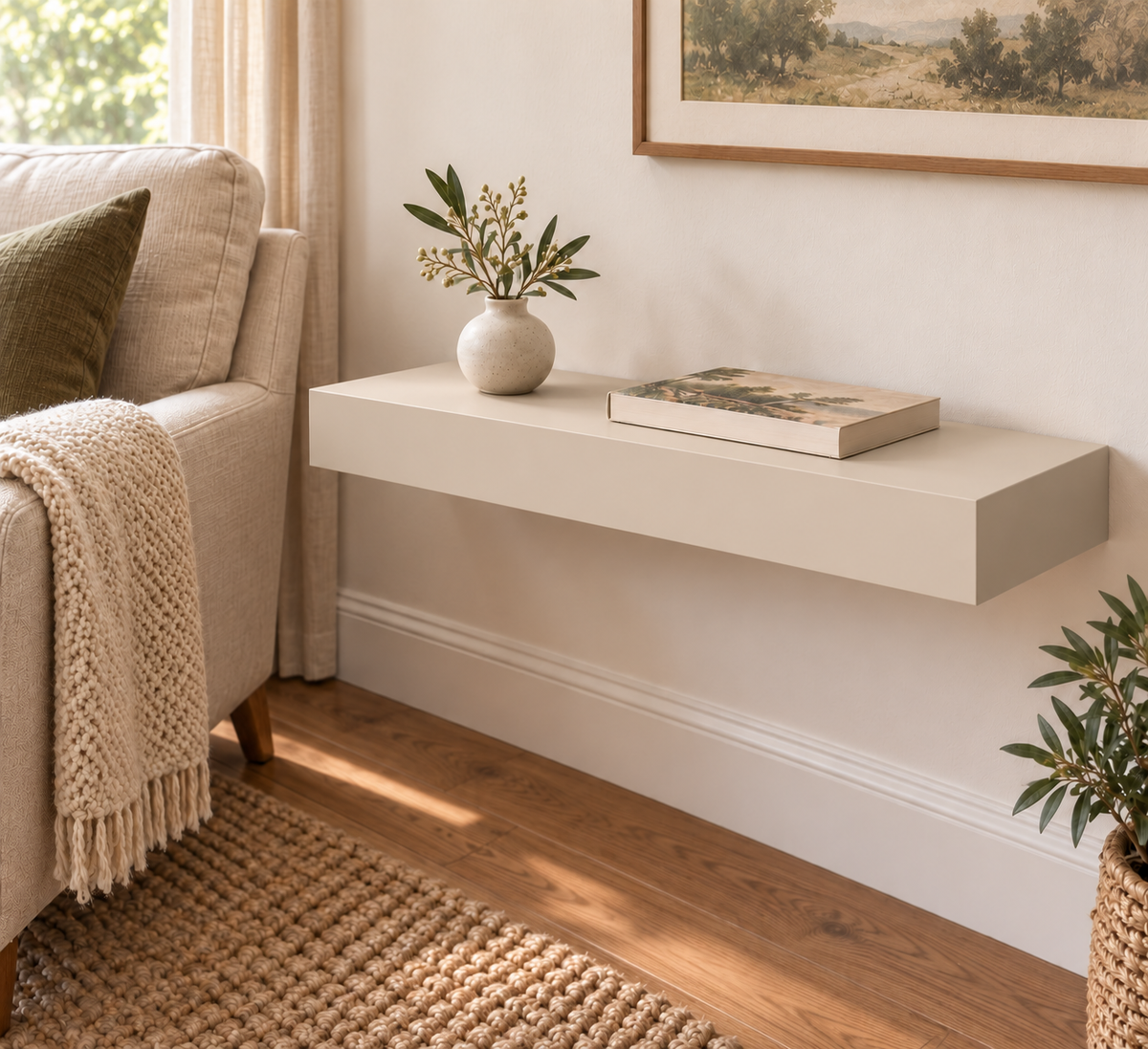 24-inch long, 3-inch thick standard painted floating shelf in Natural Linen SW 9109, unlit living-room rendering.