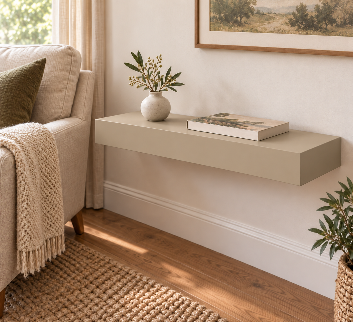 24-inch long, 3-inch thick standard painted floating shelf in Universal Khaki SW 6150, unlit living-room rendering.
