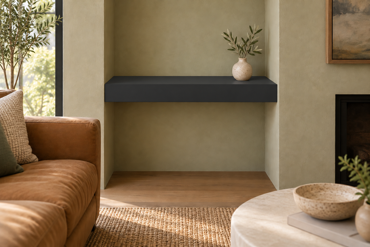 24-inch long, 3-inch thick Tricorn Black SW 6258 painted floating shelf, wall-to-wall mount, unlit