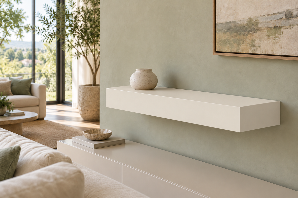 24 × 10 × 4 inch Alabaster SW 7008 painted floating shelf, standard mount, unlit