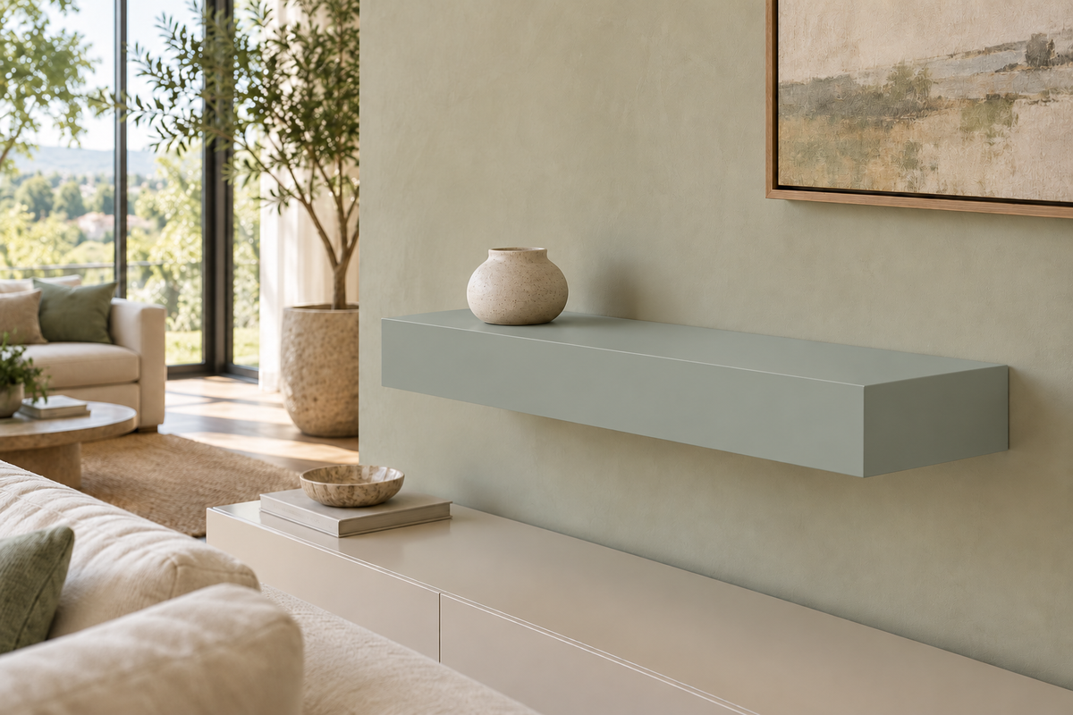 24-inch long, 4-inch thick Halcyon Green SW 6213 painted floating shelf, standard mount, unlit
