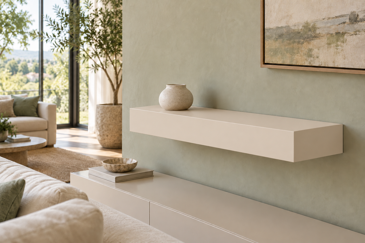 24-inch long, 4-inch thick Natural Linen SW 9109 painted floating shelf, standard mount, unlit