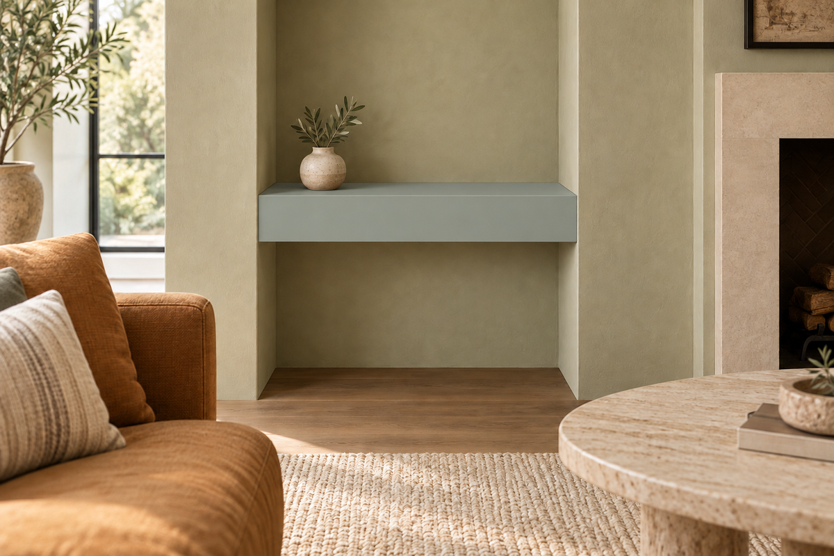 24-inch long, 4-inch thick Halcyon Green SW 6213 painted floating shelf, wall-to-wall mount, unlit