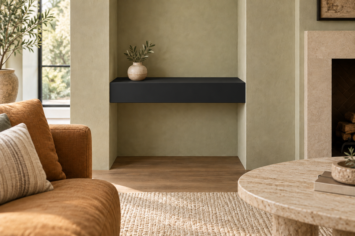 24-inch long, 4-inch thick Tricorn Black SW 6258 painted floating shelf, wall-to-wall mount, unlit
