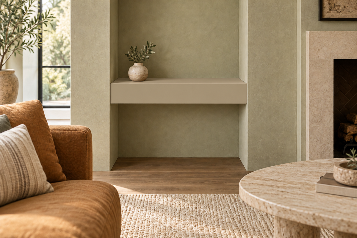 24-inch long, 4-inch thick Universal Khaki SW 6150 painted floating shelf, wall-to-wall mount, unlit