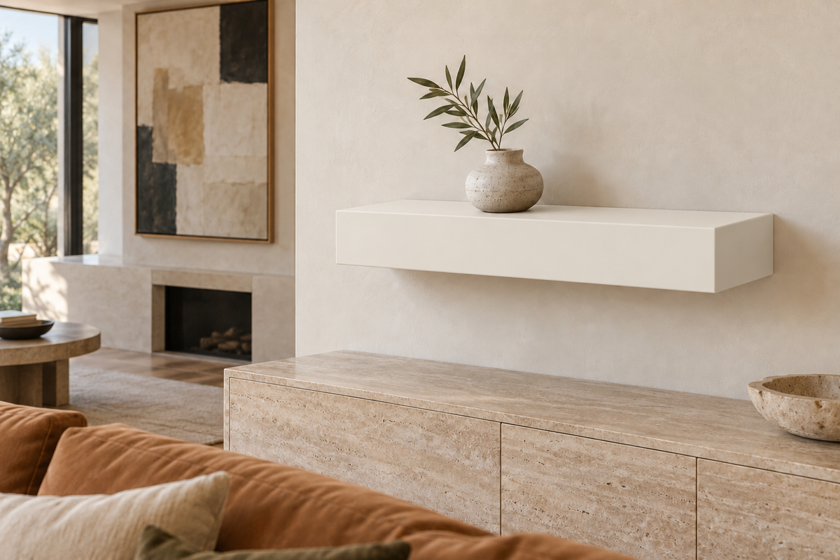 24 × 8 × 4 inch Alabaster SW 7008 painted floating shelf, standard mount, unlit
