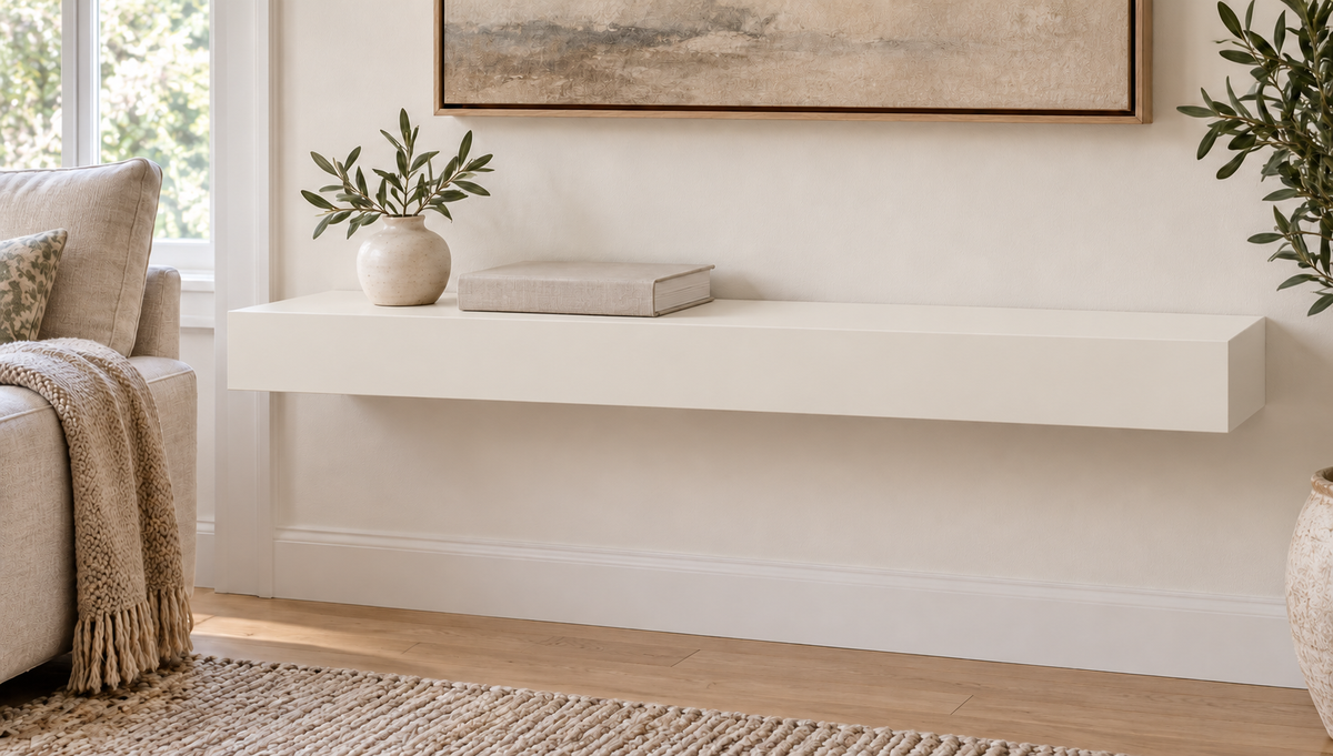 30-inch long, 3-inch thick standard painted floating shelf in Alabaster SW 7008, unlit living-room rendering.