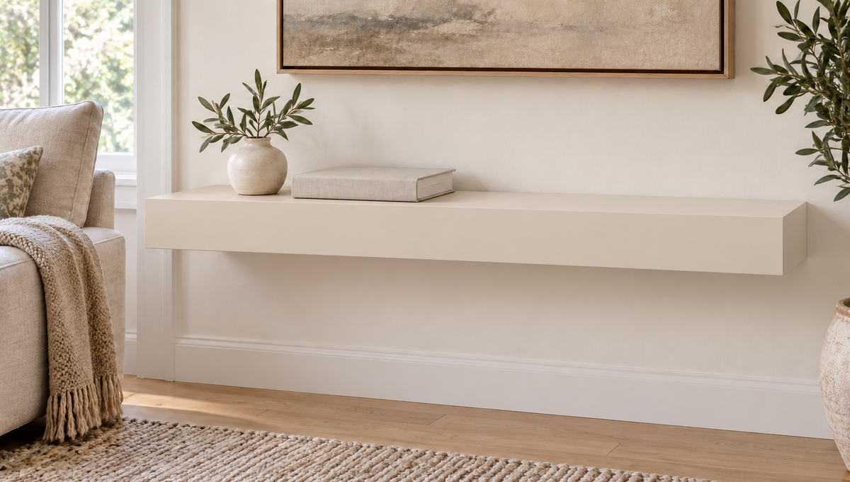 30-inch long, 3-inch thick standard painted floating shelf in Natural Linen SW 9109, unlit living-room rendering.