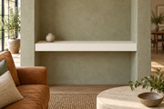 30-inch long, 3-inch thick Alabaster SW 7008 painted floating shelf, wall-to-wall mount, unlit