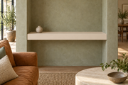 30-inch long, 3-inch thick Natural Linen SW 9109 painted floating shelf, wall-to-wall mount, unlit