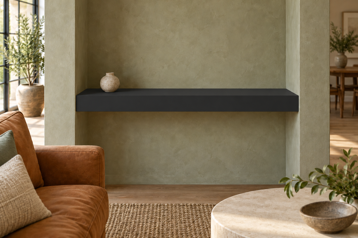 30-inch long, 3-inch thick Tricorn Black SW 6258 painted floating shelf, wall-to-wall mount, unlit