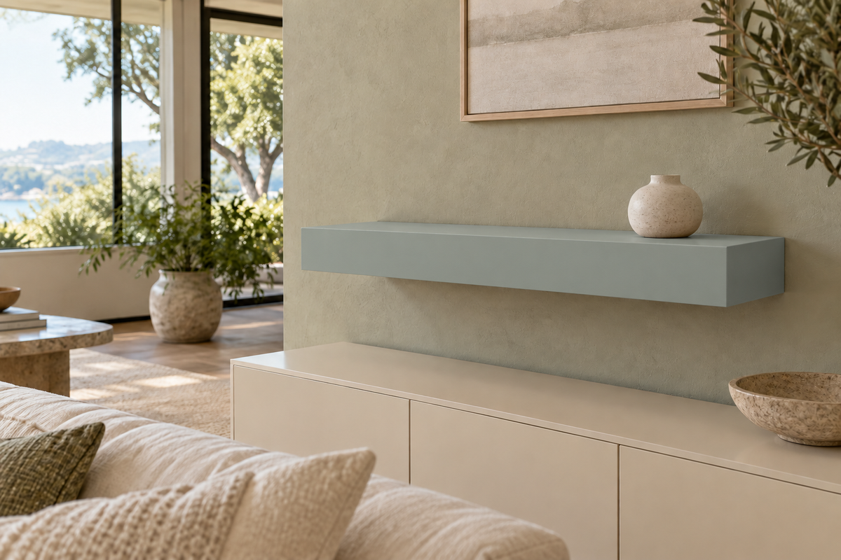 30-inch long, 4-inch thick Halcyon Green SW 6213 painted floating shelf, standard mount, unlit