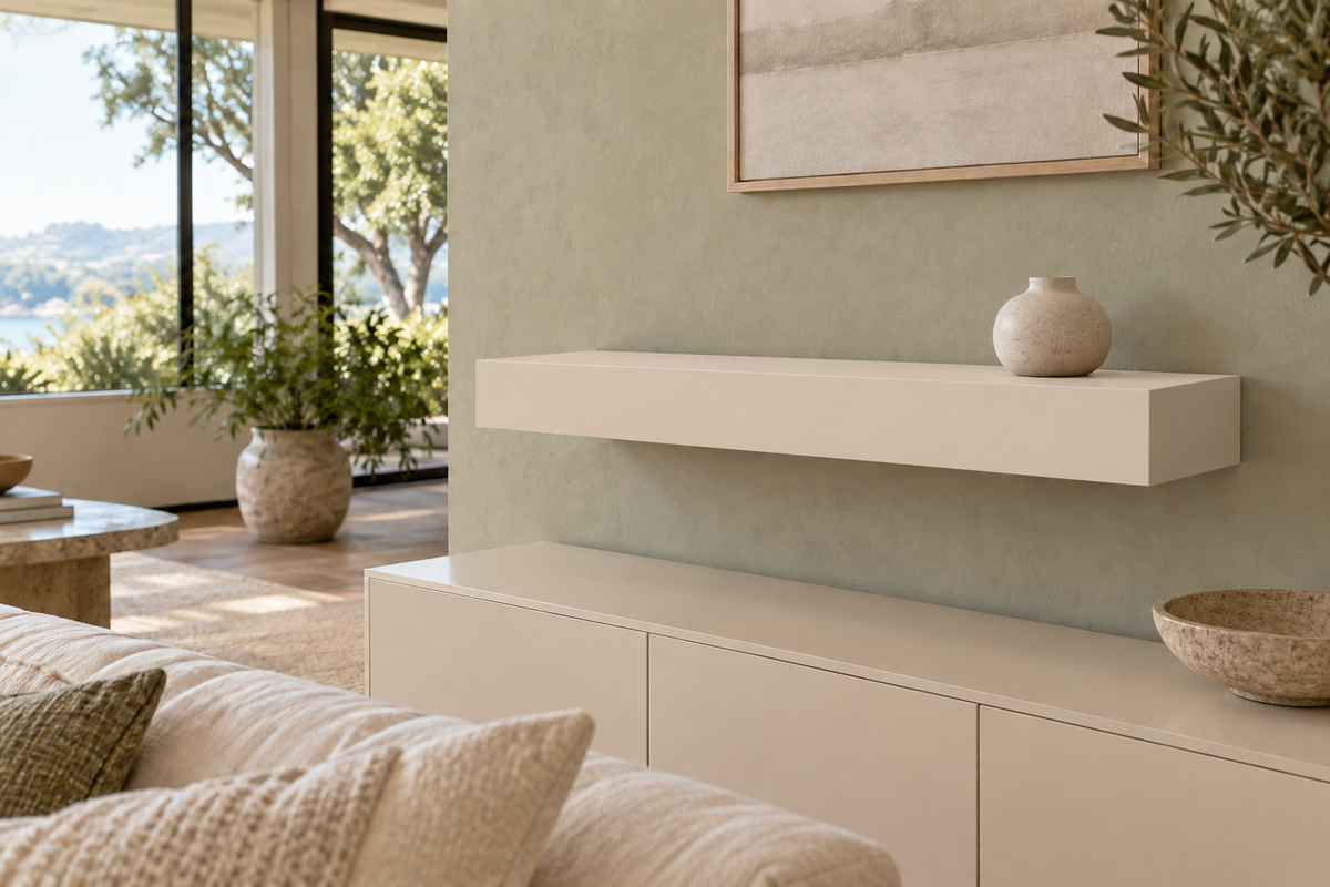 30-inch long, 4-inch thick Natural Linen SW 9109 painted floating shelf, standard mount, unlit
