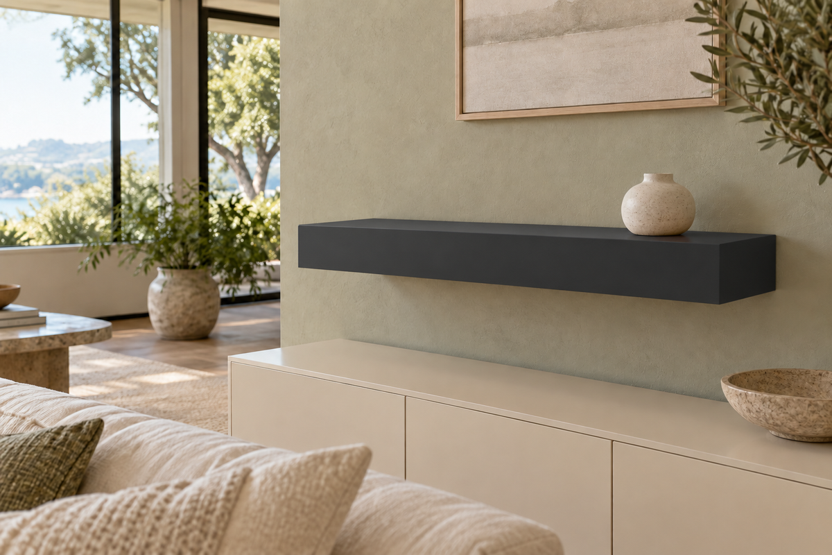 30-inch long, 4-inch thick Tricorn Black SW 6258 painted floating shelf, standard mount, unlit