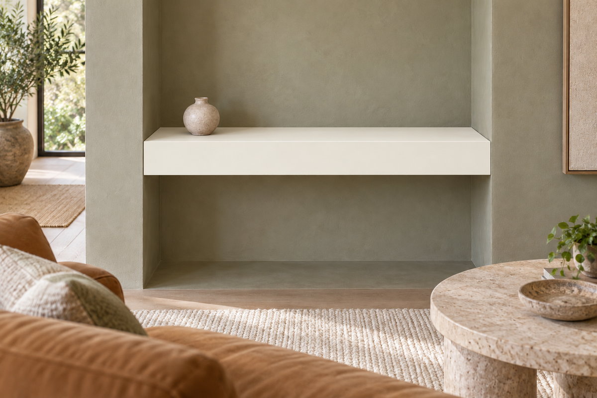 30-inch long, 4-inch thick Alabaster SW 7008 painted floating shelf, wall-to-wall mount, unlit