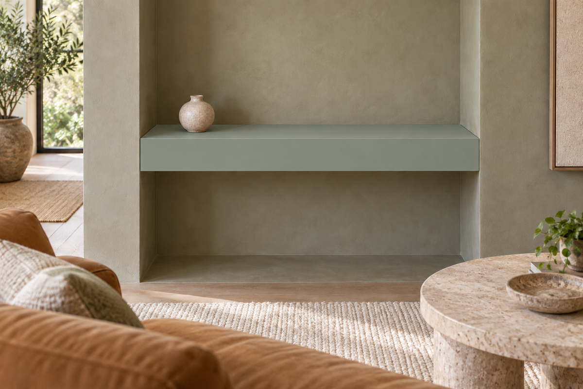 30-inch long, 4-inch thick Halcyon Green SW 6213 painted floating shelf, wall-to-wall mount, unlit