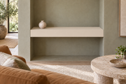 30-inch long, 4-inch thick Natural Linen SW 9109 painted floating shelf, wall-to-wall mount, unlit