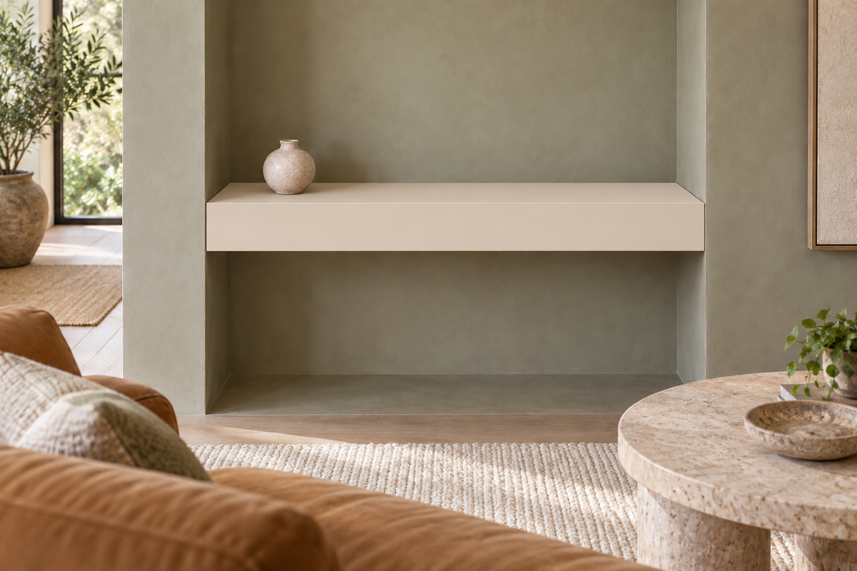 30-inch long, 4-inch thick Natural Linen SW 9109 painted floating shelf, wall-to-wall mount, unlit