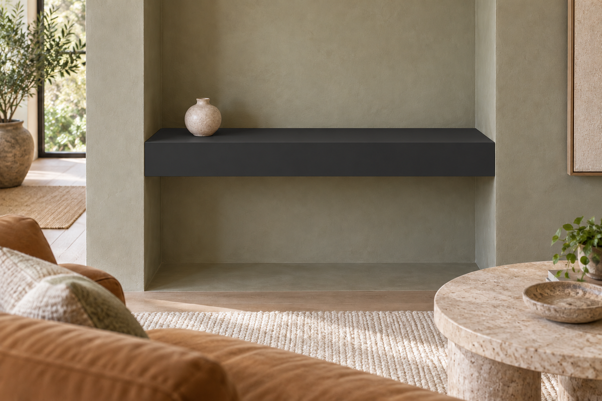 30-inch long, 4-inch thick Tricorn Black SW 6258 painted floating shelf, wall-to-wall mount, unlit