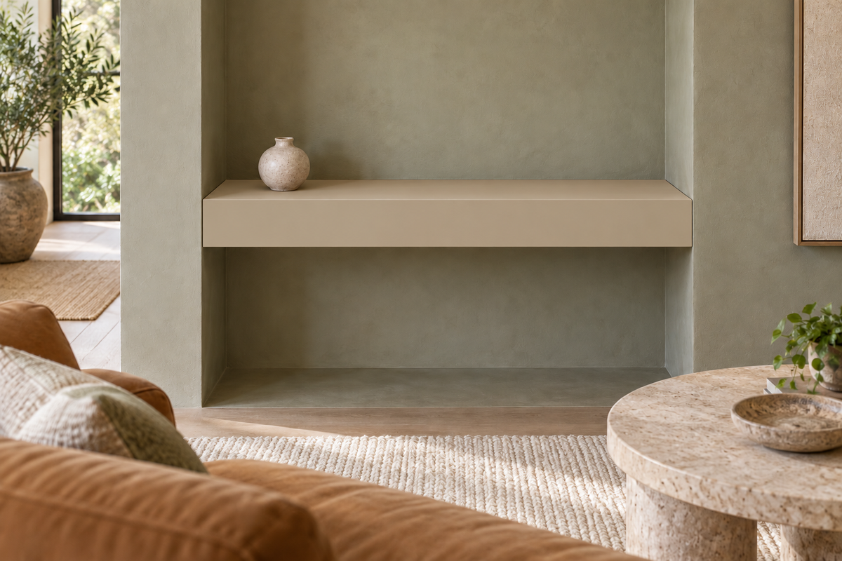30-inch long, 4-inch thick Universal Khaki SW 6150 painted floating shelf, wall-to-wall mount, unlit
