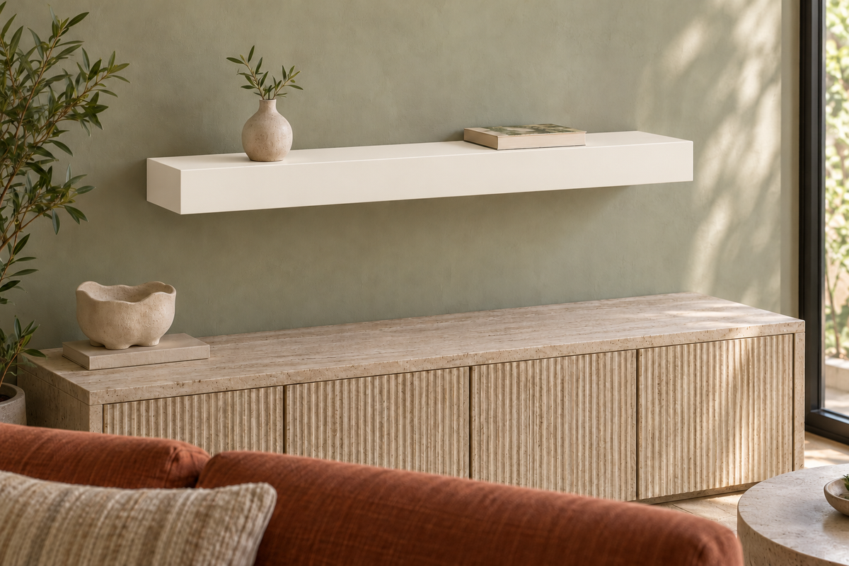 30 × 8 × 3 inch Alabaster SW 7008 painted floating shelf, standard mount, unlit