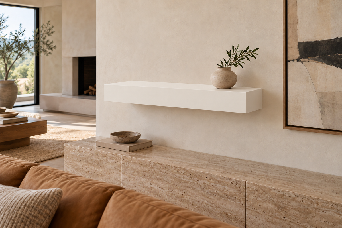 30 × 8 × 4 inch Alabaster SW 7008 painted floating shelf, standard mount, unlit