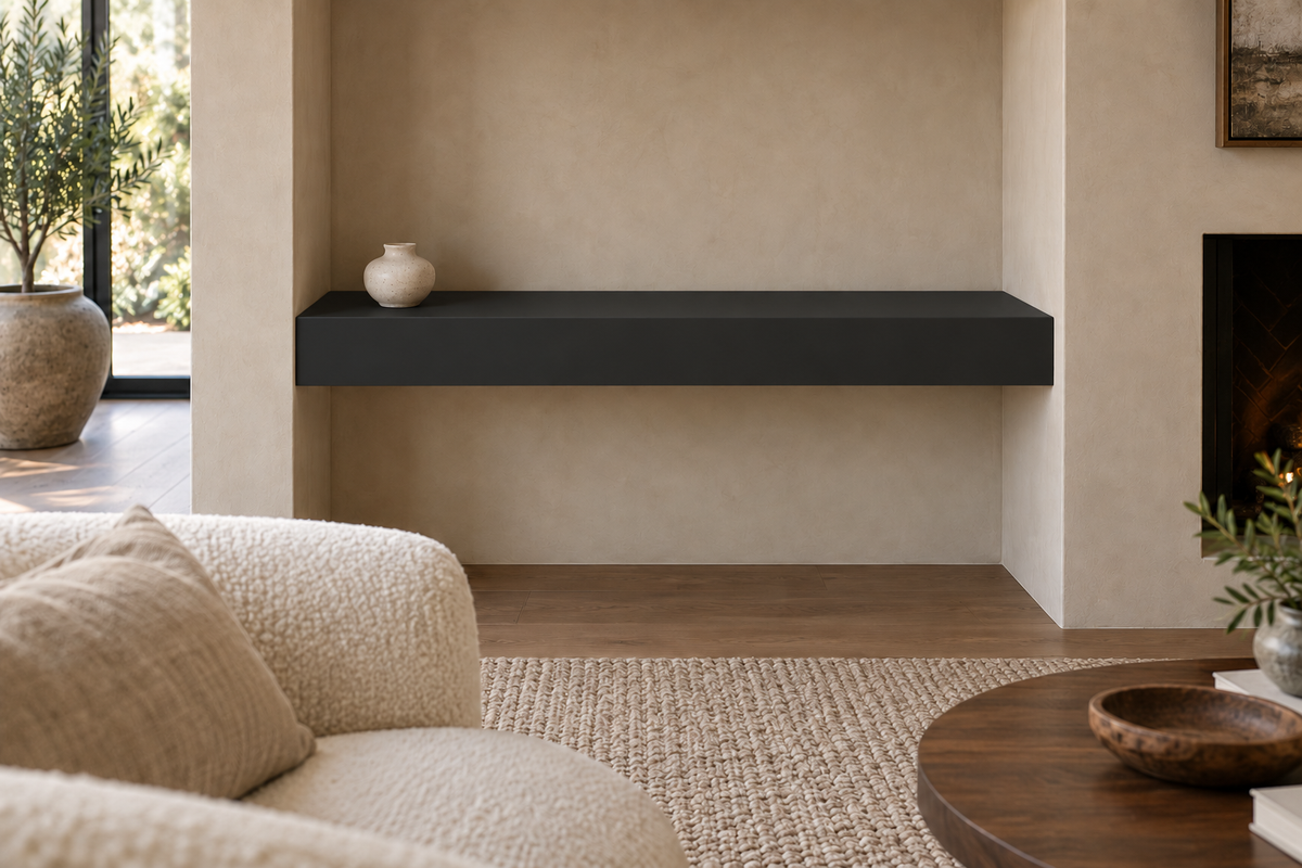 30 × 8 × 4 inch Tricorn Black SW 6258 painted floating shelf, wall-to-wall mount, unlit