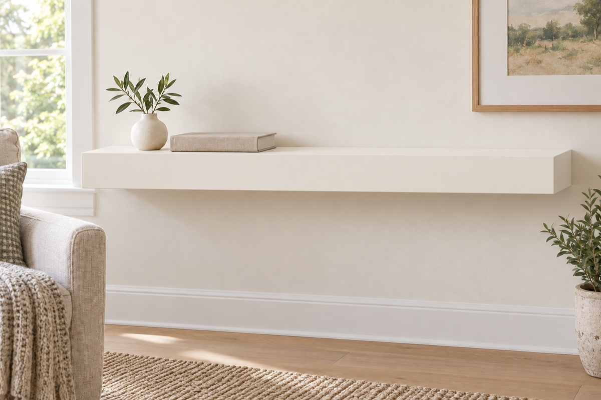 36-inch long, 3-inch thick standard-mount painted floating shelf in Alabaster SW 7008; representative living-room rendering; no lighting.