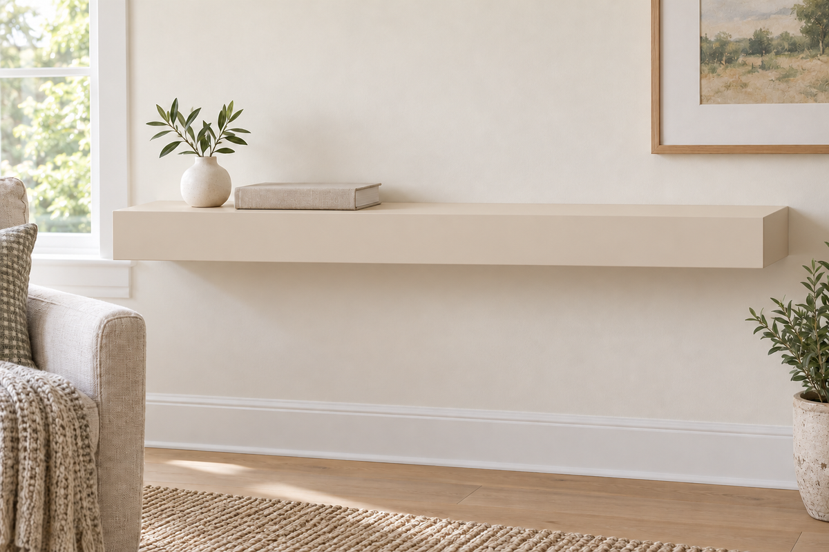 36-inch long, 3-inch thick standard-mount painted floating shelf in Natural Linen SW 9109; representative living-room rendering; no lighting.