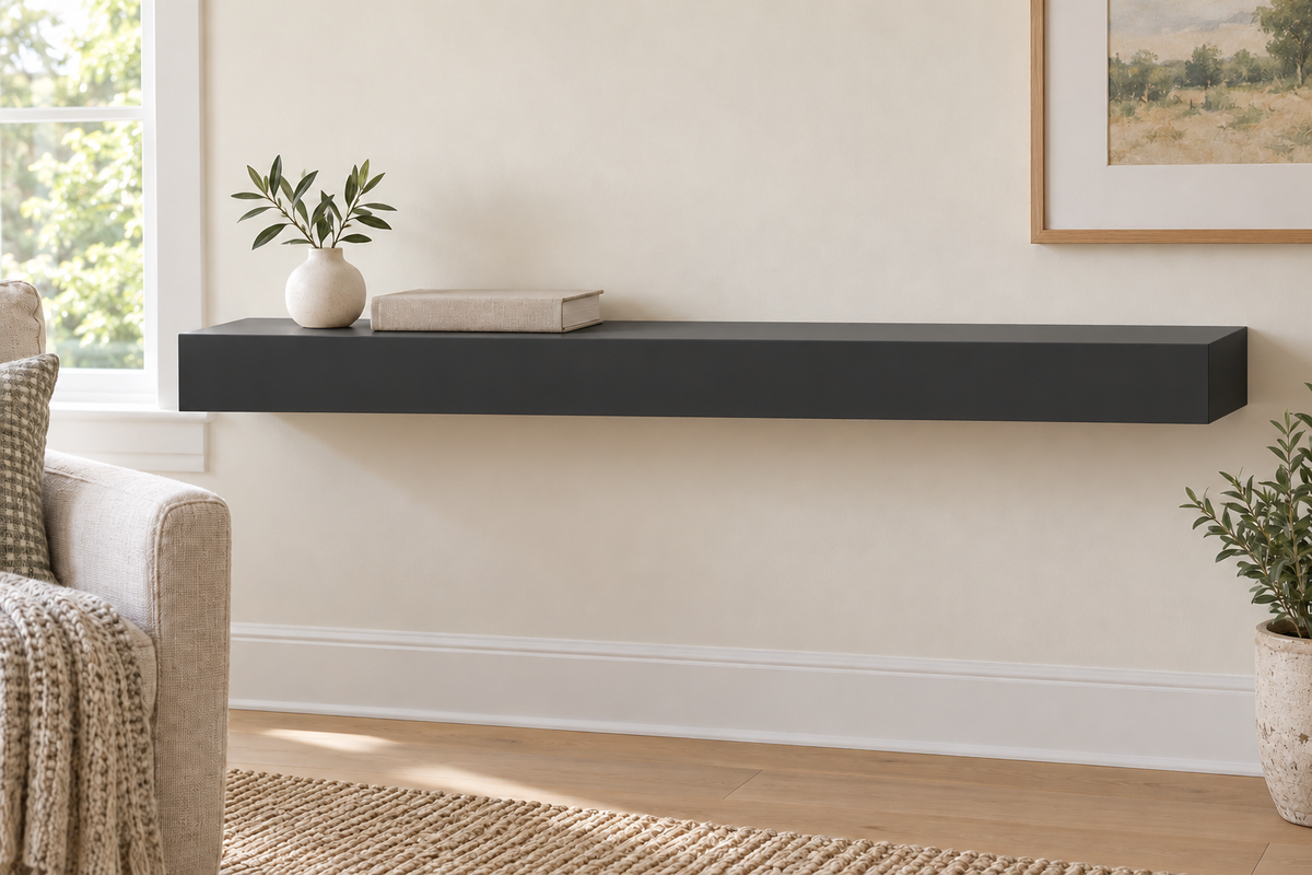 36-inch long, 3-inch thick standard-mount painted floating shelf in Tricorn Black SW 6258; representative living-room rendering; no lighting.