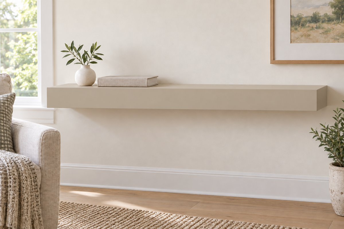 36-inch long, 3-inch thick standard-mount painted floating shelf in Universal Khaki SW 6150; representative living-room rendering; no lighting.