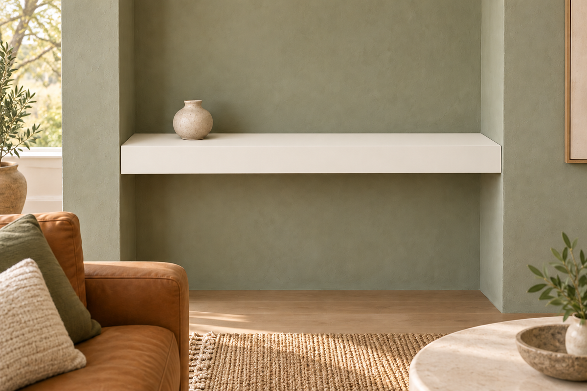 36-inch long, 3-inch thick Alabaster SW 7008 painted floating shelf, wall-to-wall mount, unlit