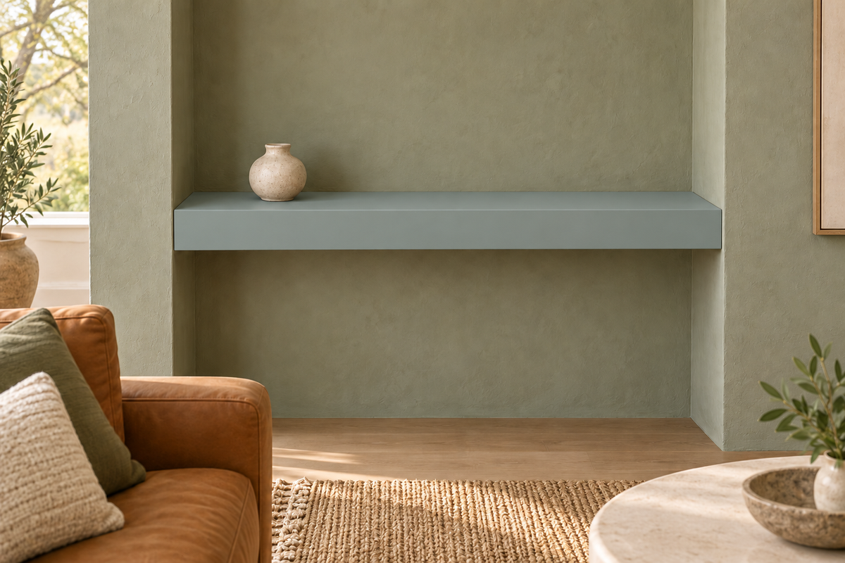 36-inch long, 3-inch thick Halcyon Green SW 6213 painted floating shelf, wall-to-wall mount, unlit