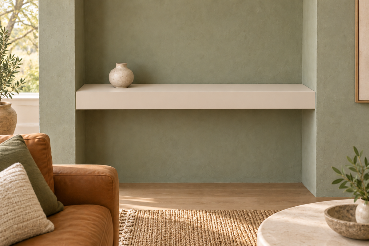 36-inch long, 3-inch thick Natural Linen SW 9109 painted floating shelf, wall-to-wall mount, unlit