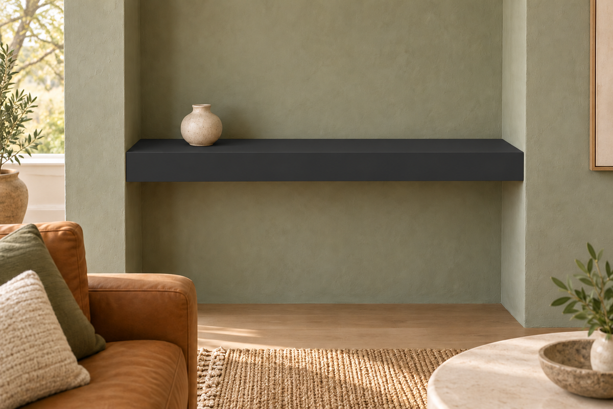 36 × 10 × 3 inch Tricorn Black SW 6258 painted floating shelf, wall-to-wall mount, unlit