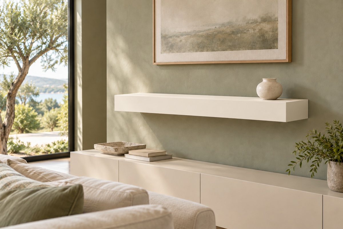 36 × 10 × 4 inch Alabaster SW 7008 painted floating shelf, standard mount, unlit