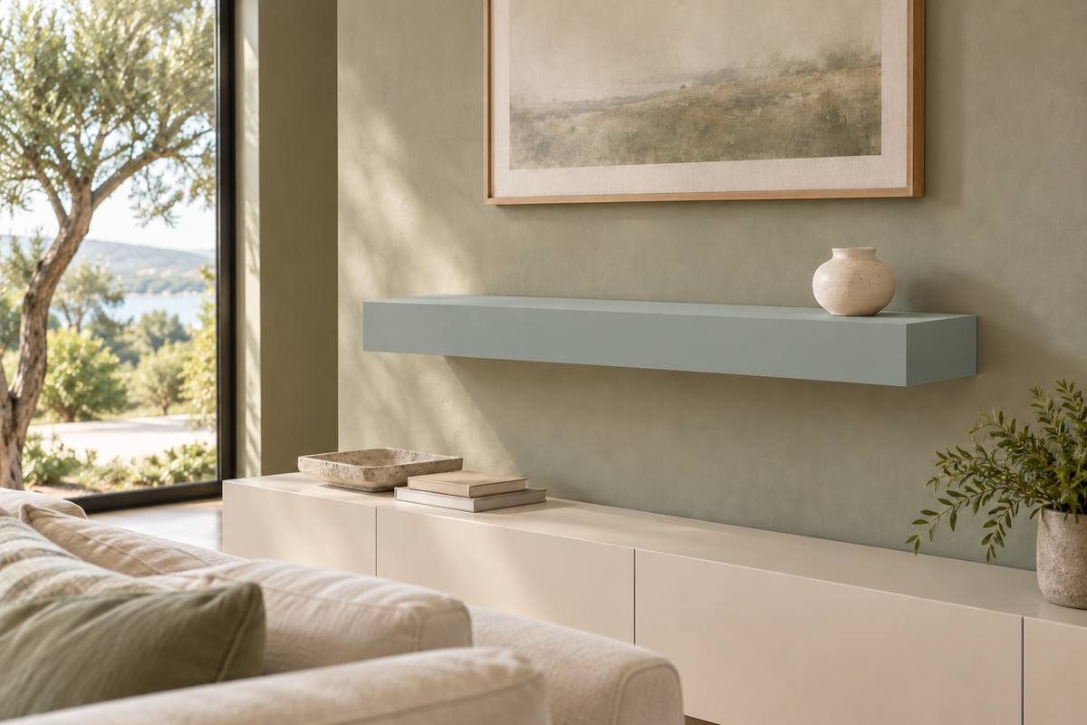 36-inch long, 4-inch thick Halcyon Green SW 6213 painted floating shelf, standard mount, unlit
