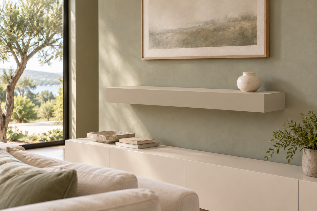 36-inch long, 4-inch thick Universal Khaki SW 6150 painted floating shelf, standard mount, unlit