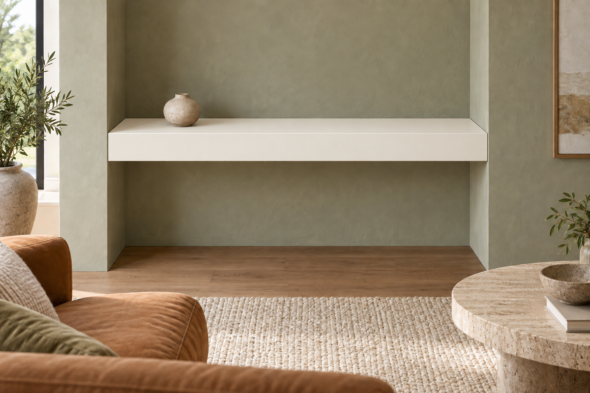 36-inch long, 4-inch thick Alabaster SW 7008 painted floating shelf, wall-to-wall mount, unlit